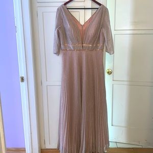Women’s formal gown, 3/4 sheer sleeve, rose gold rhinestone accents.